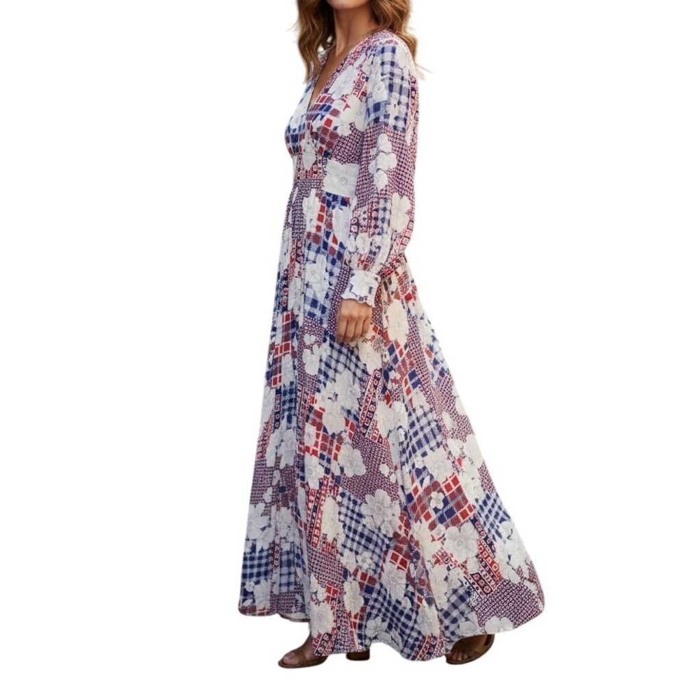 Gregg Draddy Vintage Maxi Dress Patchwork Floral Gingham Red White Blue‎ Small